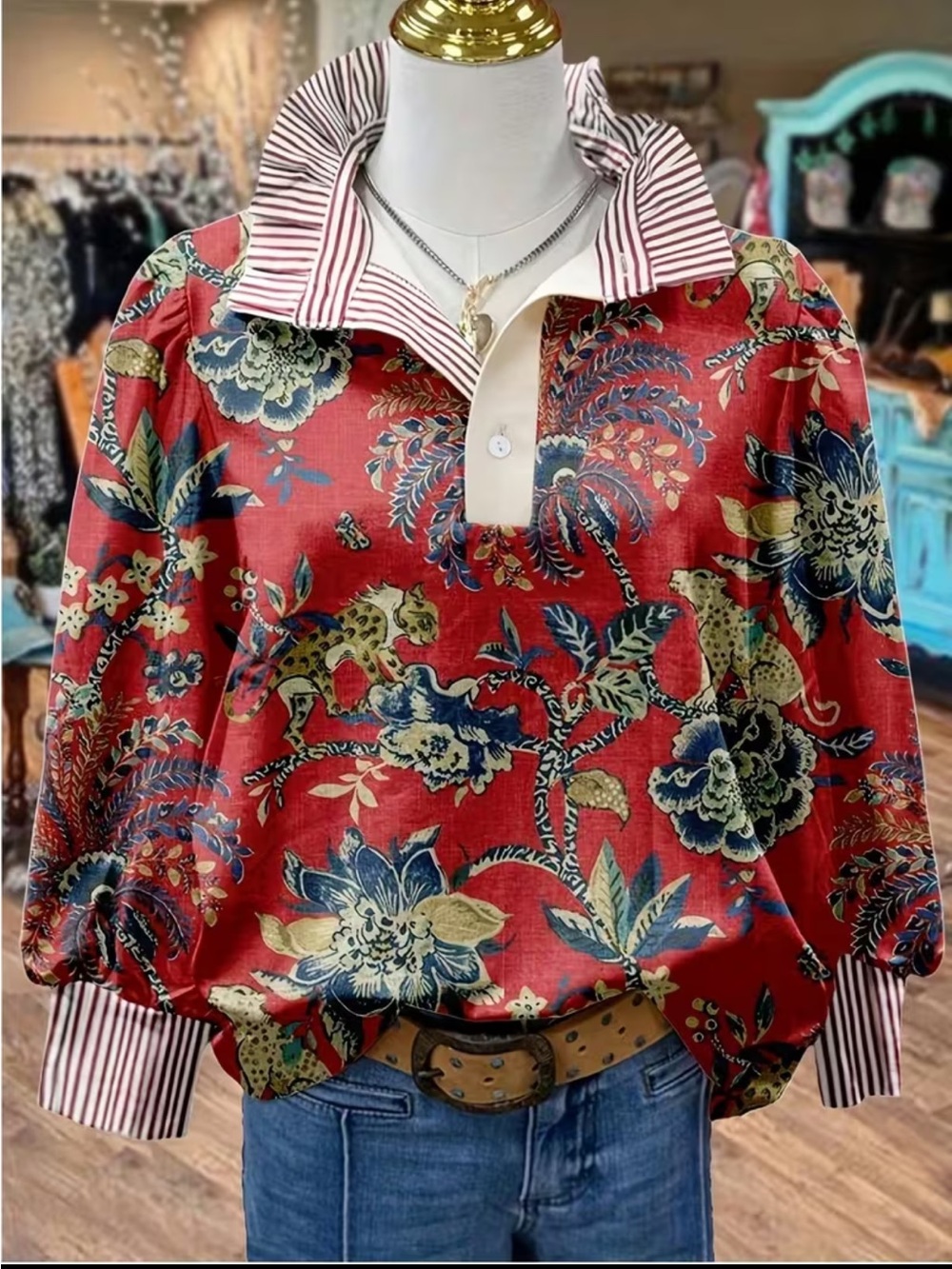 Floral Red Collared Women's Blouse - Small
